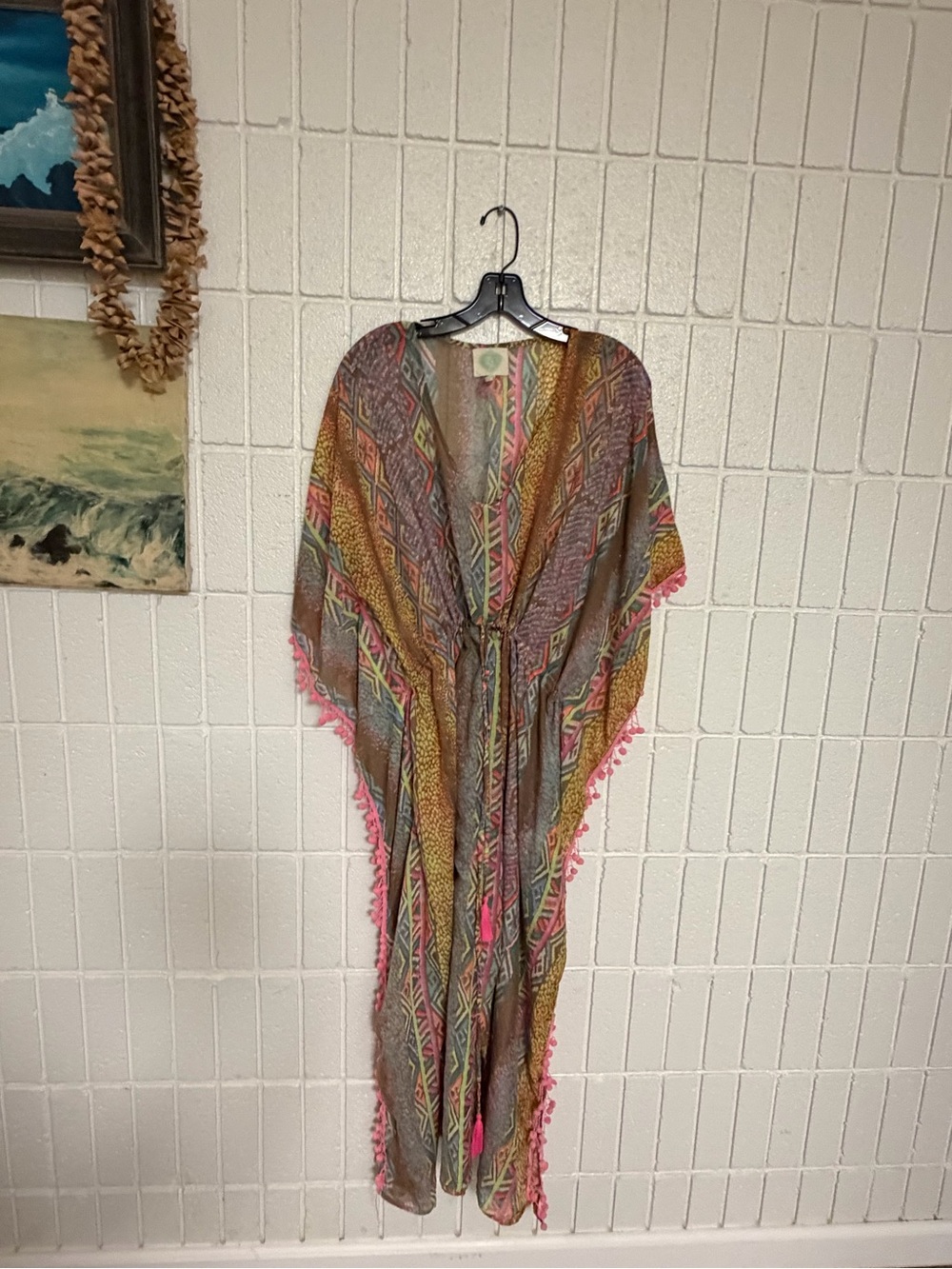 Colorful Tribal Stripe Caftan Cover-Up with Pink Trim - Picture 2 of 3